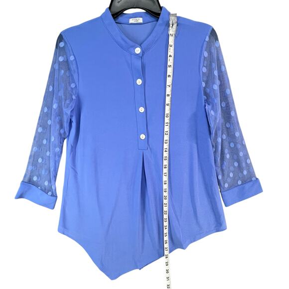 Studio 1886 Asymmetrical Top Womens S Blue Polka Dot Mesh Sleeves Button Modern - Picture 7 of 14